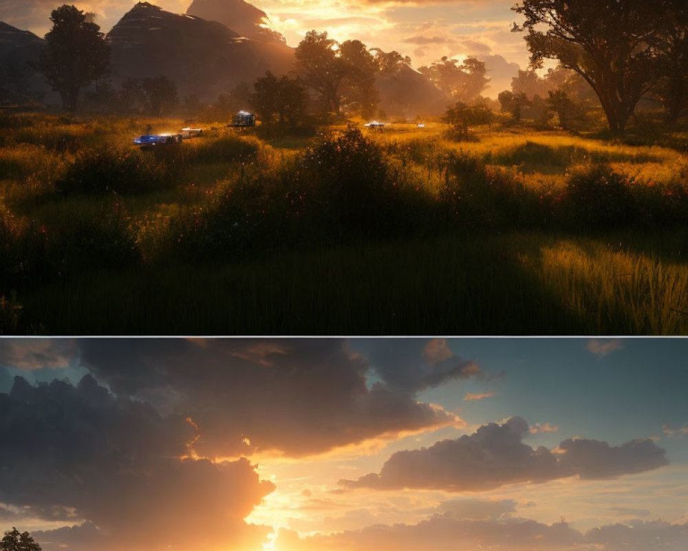 Contrasting rural sunset scenes: police vehicles in distance vs classic car in foreground