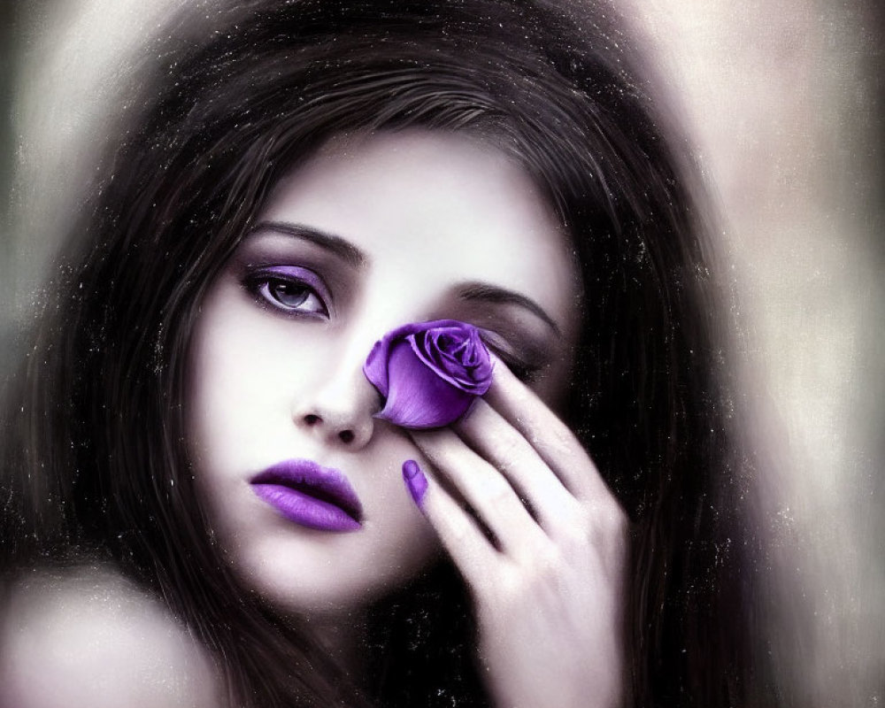 Portrait of woman with purple lipstick holding rose over eye in dark halo