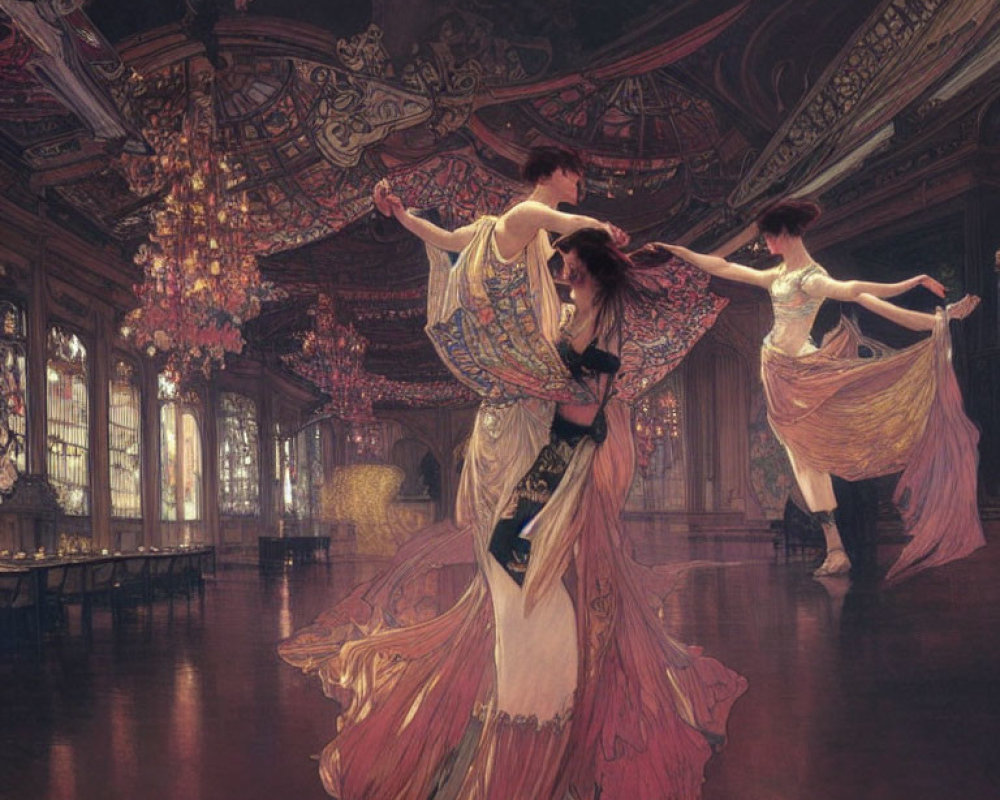 Elegant women dancing in ornate ballroom with chandeliers