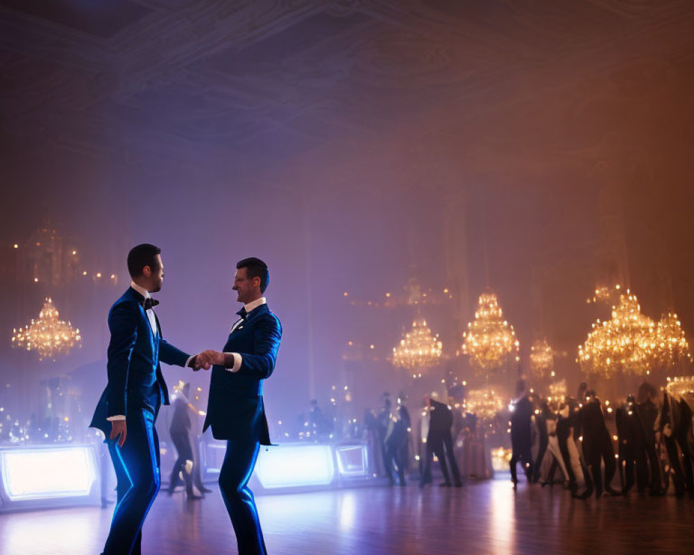 Men in suits dancing in grand ballroom with chandeliers