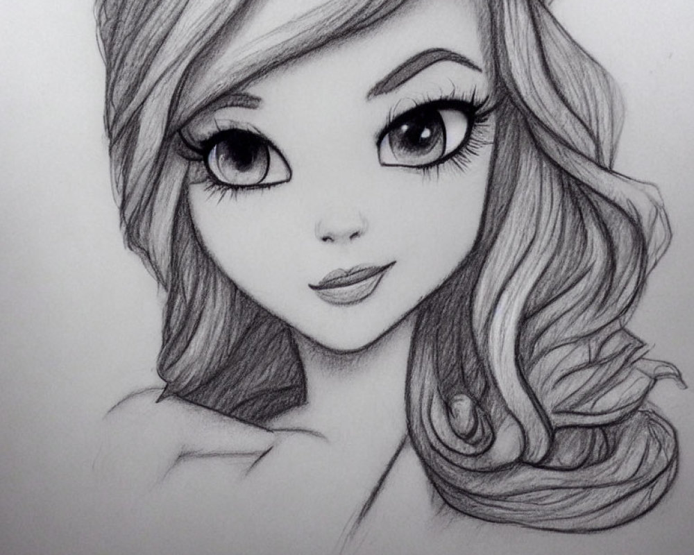 Stylized pencil sketch of a girl with expressive eyes and wavy hair