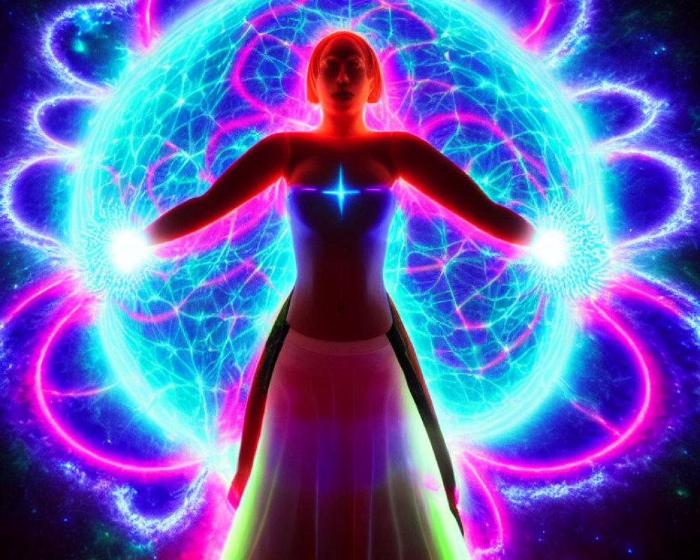 Luminous female figure with outstretched arms in vibrant neon aura