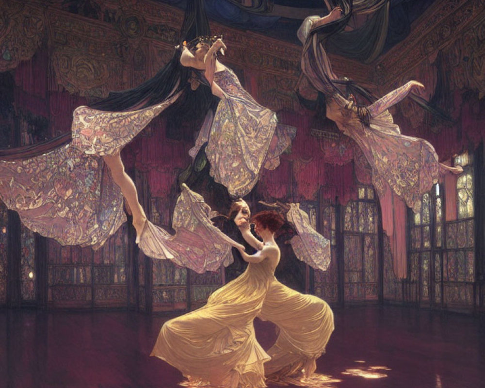 Graceful dancers in flowing dresses move in ornate hall with stained glass windows