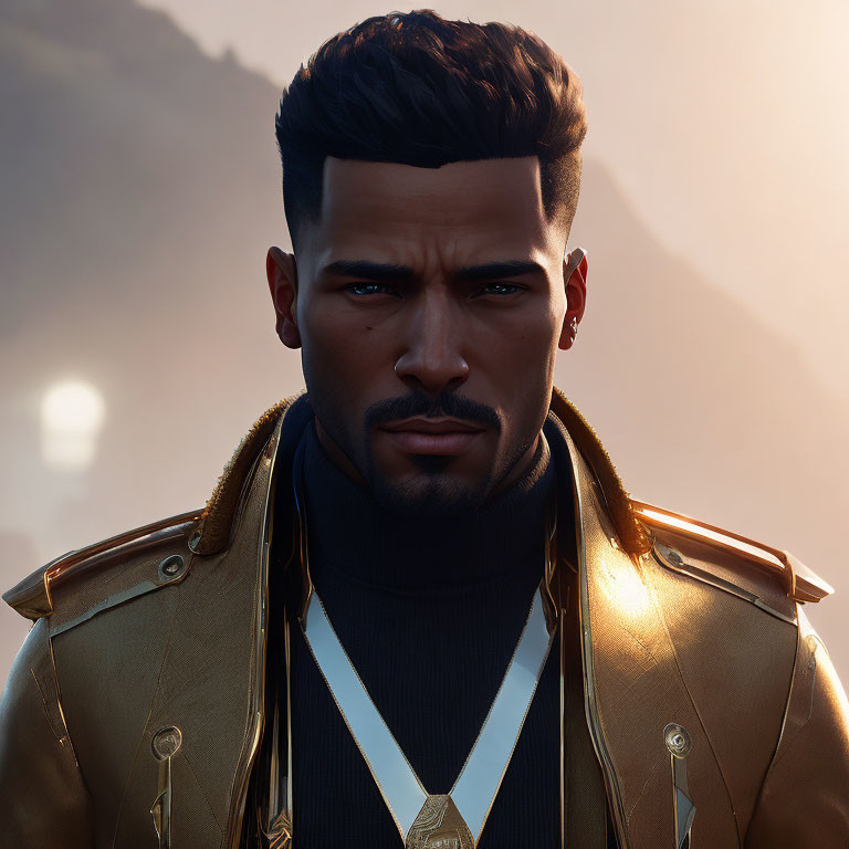 Modern man portrait with styled beard and golden jacket in digital art