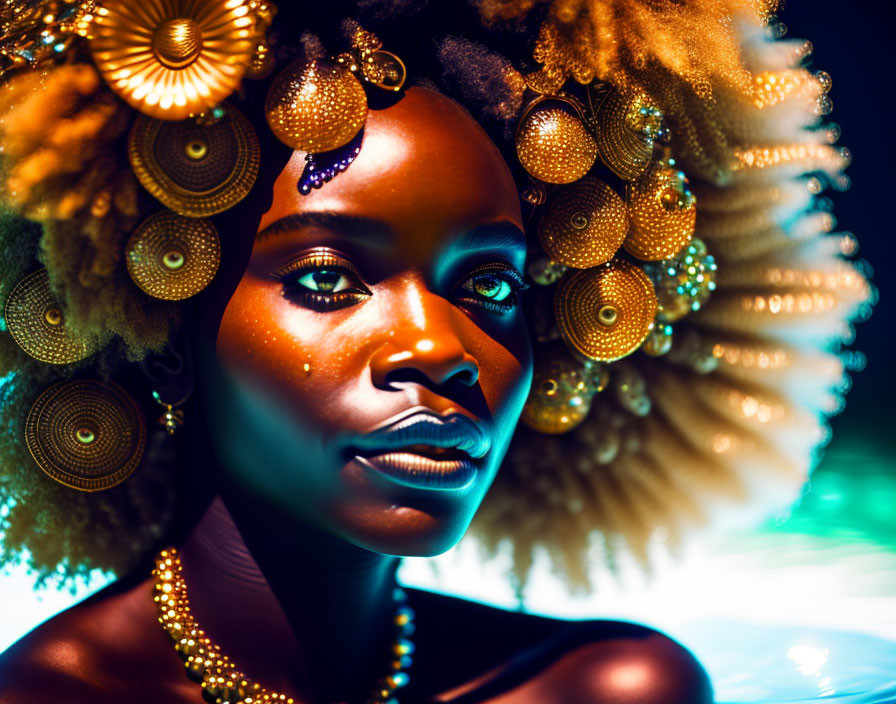 Portrait of woman with radiant skin, golden jewelry, and headpiece on dark bokeh background