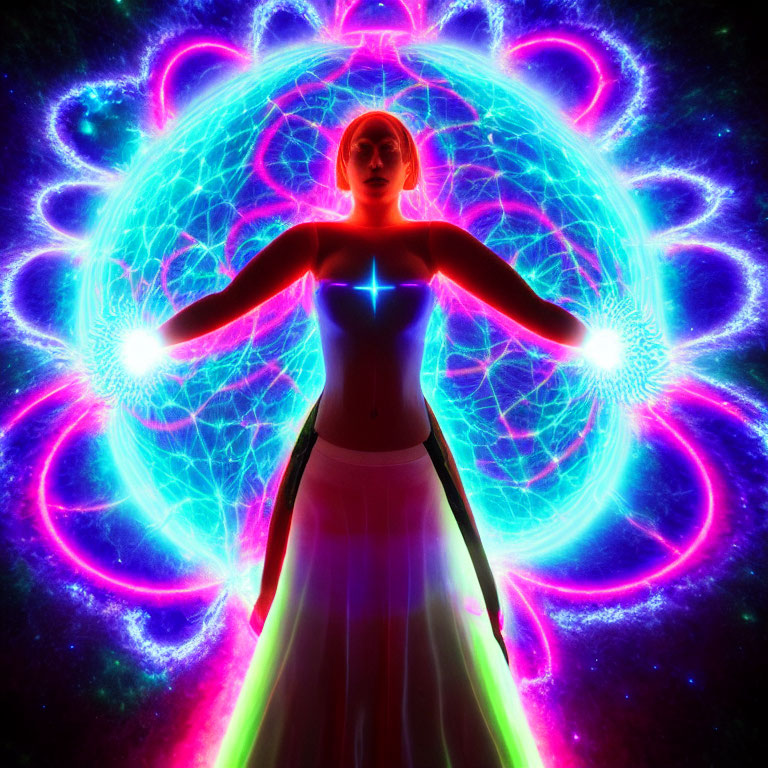 Luminous female figure with outstretched arms in vibrant neon aura