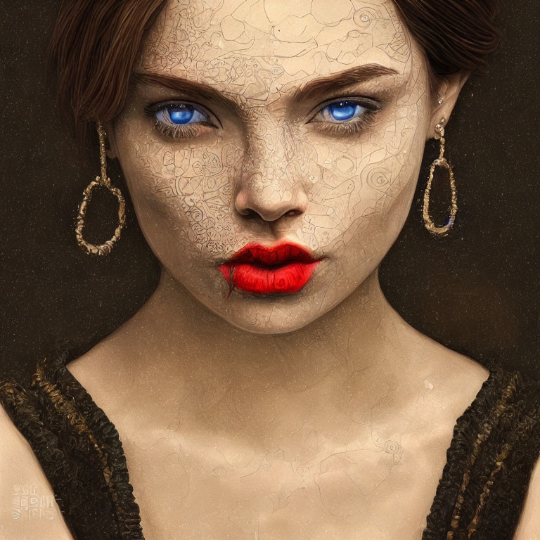 Digital artwork: Woman with blue eyes, cracked skin, red lips, earrings on dark background