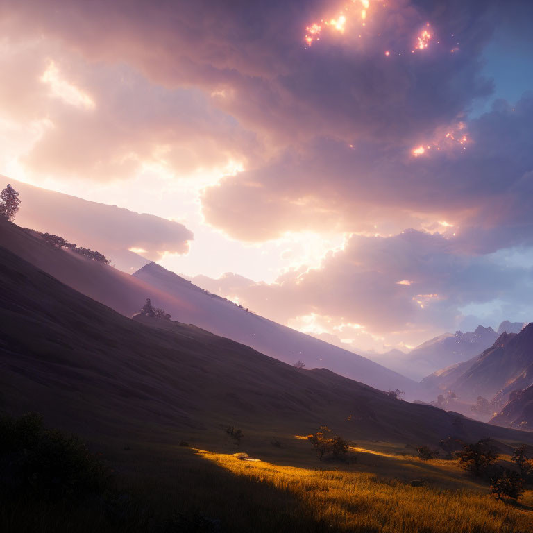 Dramatic sunset over hilly landscape with sunlight rays and clouds