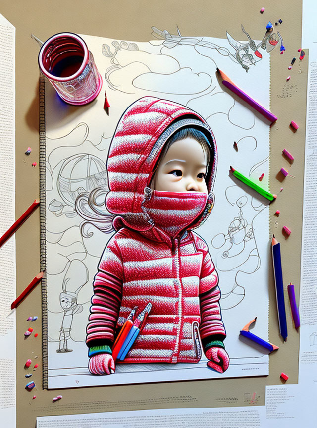 3D artwork blending photo and drawing of child's face on sketched body