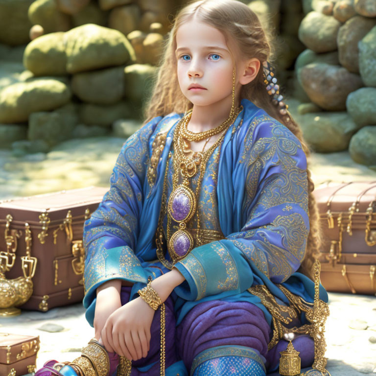 Young girl in blue traditional attire surrounded by treasure chests and rocks.