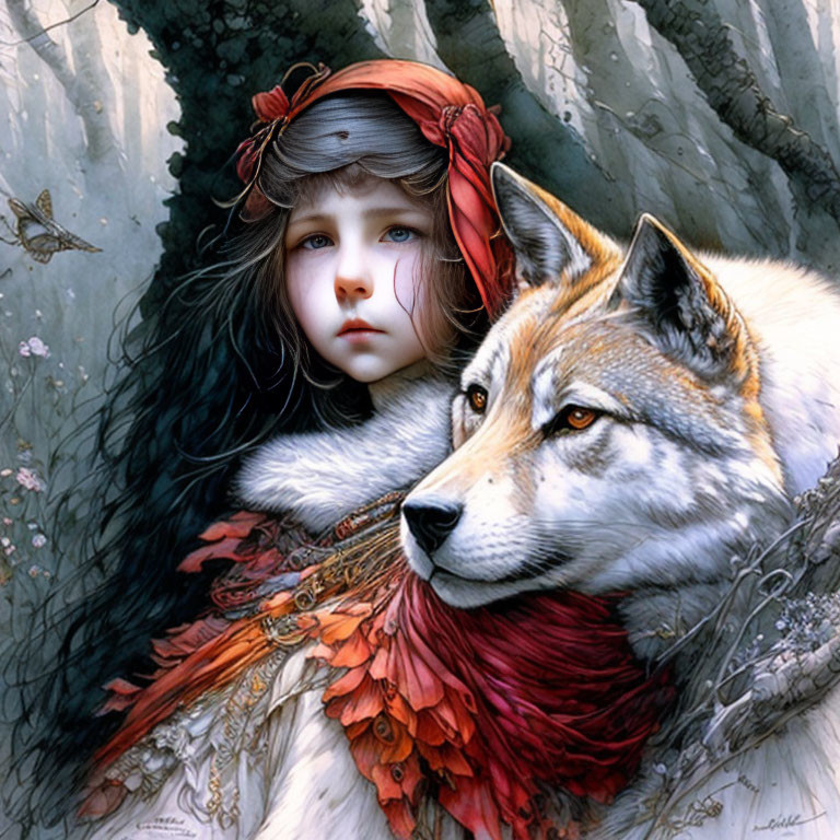 Girl in red headscarf with wolf in mystical forest.