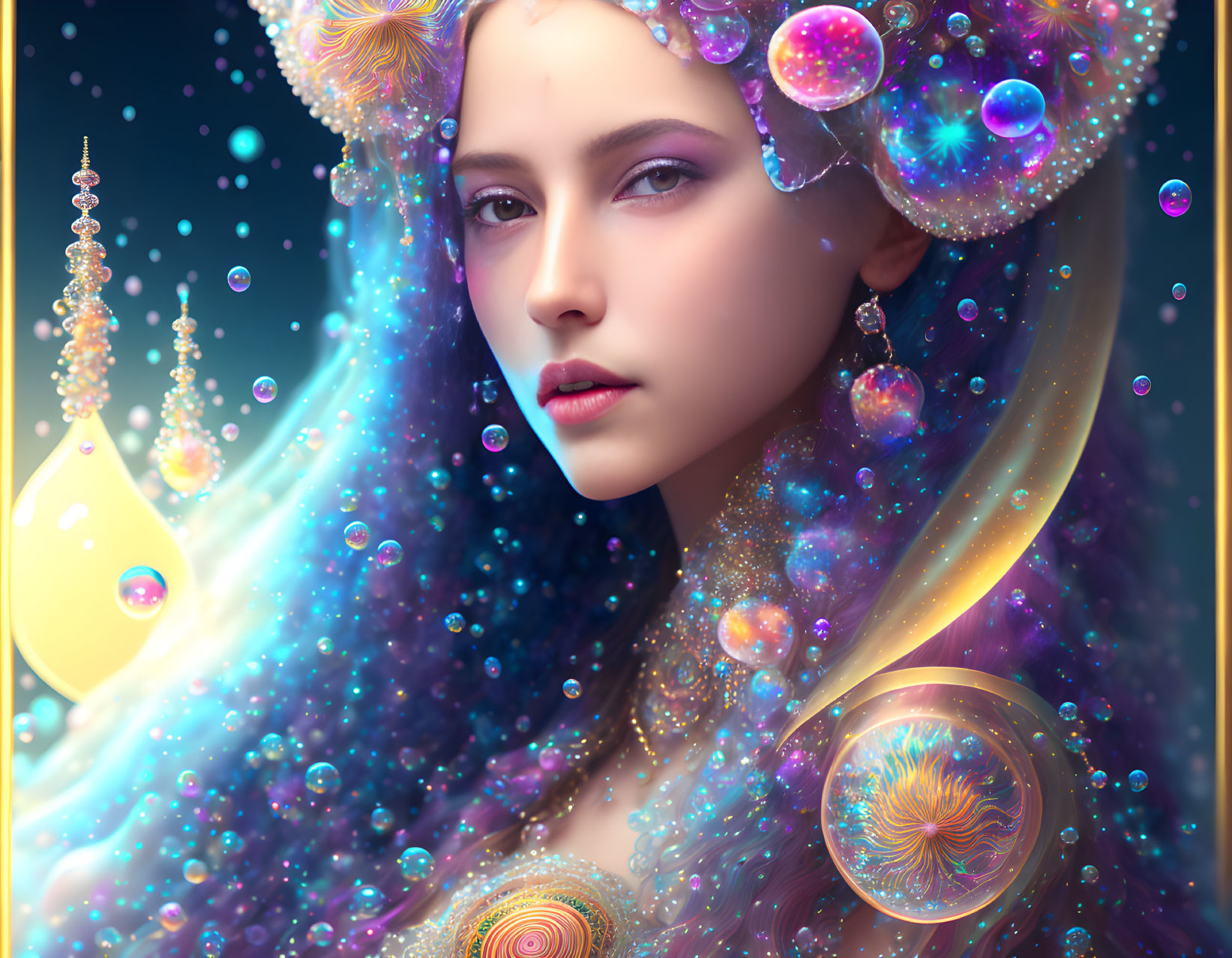 Cosmic-themed digital artwork of a woman with vibrant galaxies and stars.