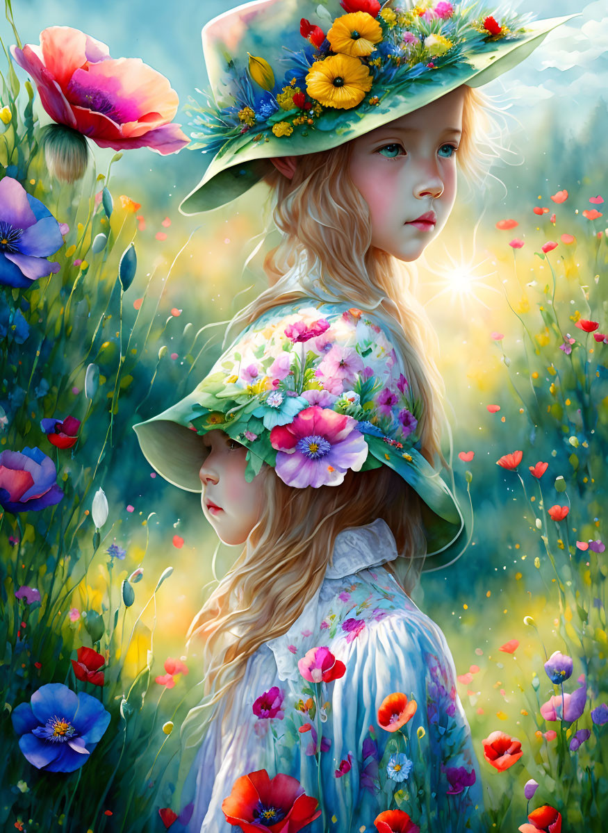 Two girls in floral hats in blue attire in vibrant meadow with red poppies and glowing orbs