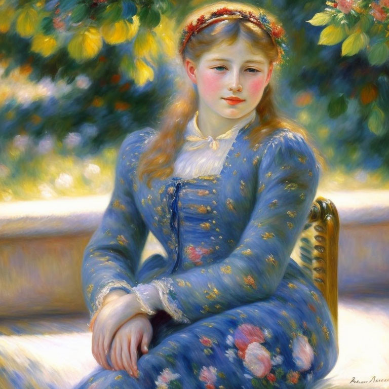 Young girl in blue floral dress under dappled sunlight