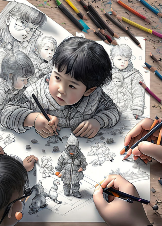 Child Drawing Surrounded by Sketches of Children and Creatures