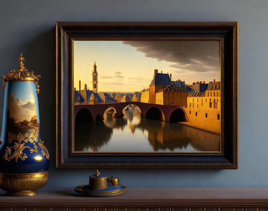 Framed painting of serene river scene with bridge and buildings at dusk on display shelf.