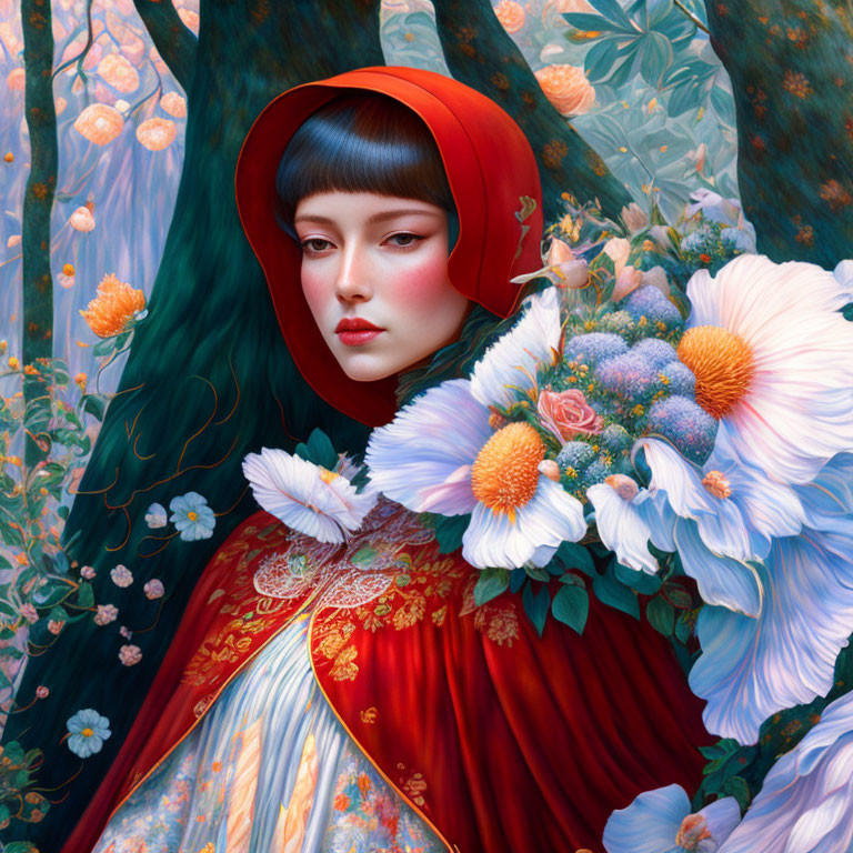 Woman in Red Hood and Ornate Robe Surrounded by Flowers