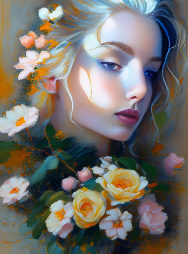 Blonde woman portrait among vibrant flowers with soft, painterly style