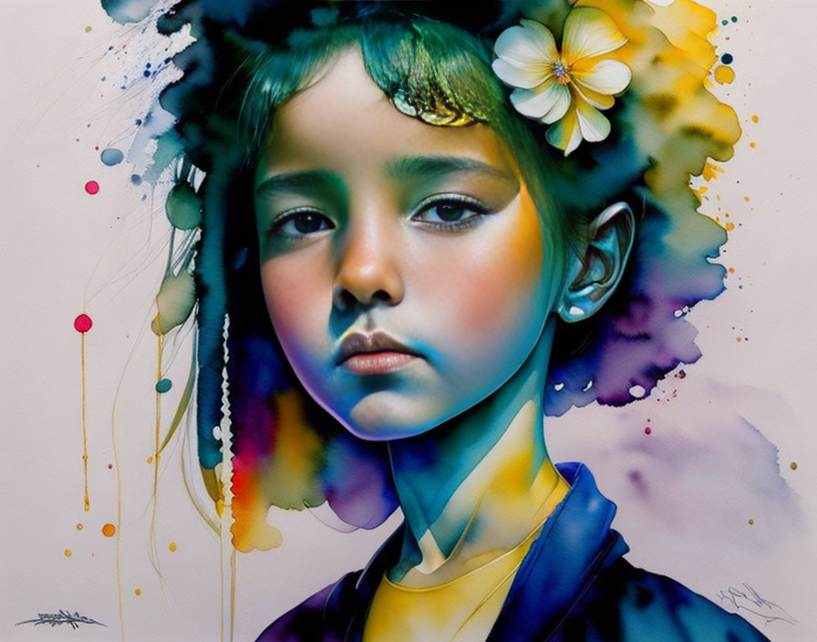 Vibrant abstract watercolor portrait of a girl with floral hair