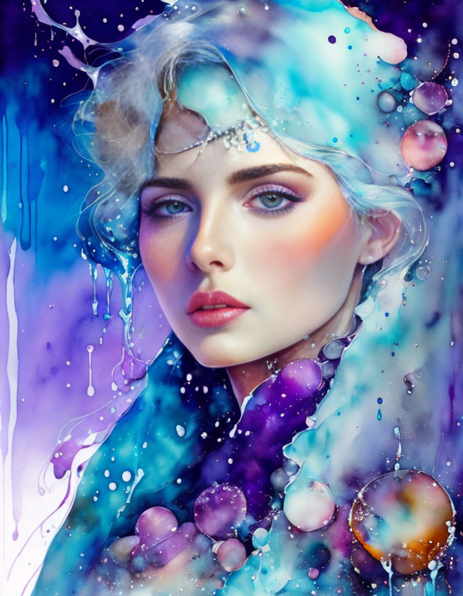 Vivid blue-eyed woman in colorful liquid swirls on purple backdrop