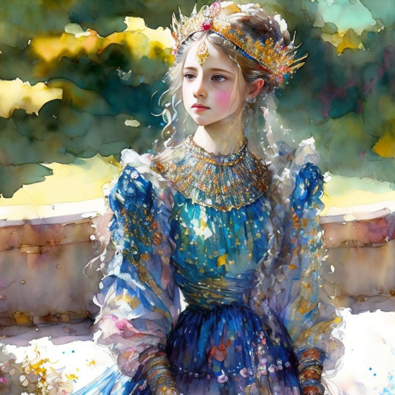 Young Woman in Vibrant Blue Historical Dress with Crown and Jewelry in Painterly Style