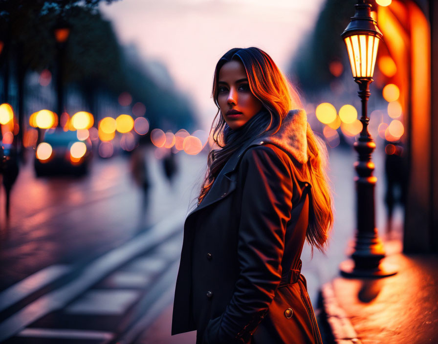 Woman in Black Coat Standing on City Street at Dusk