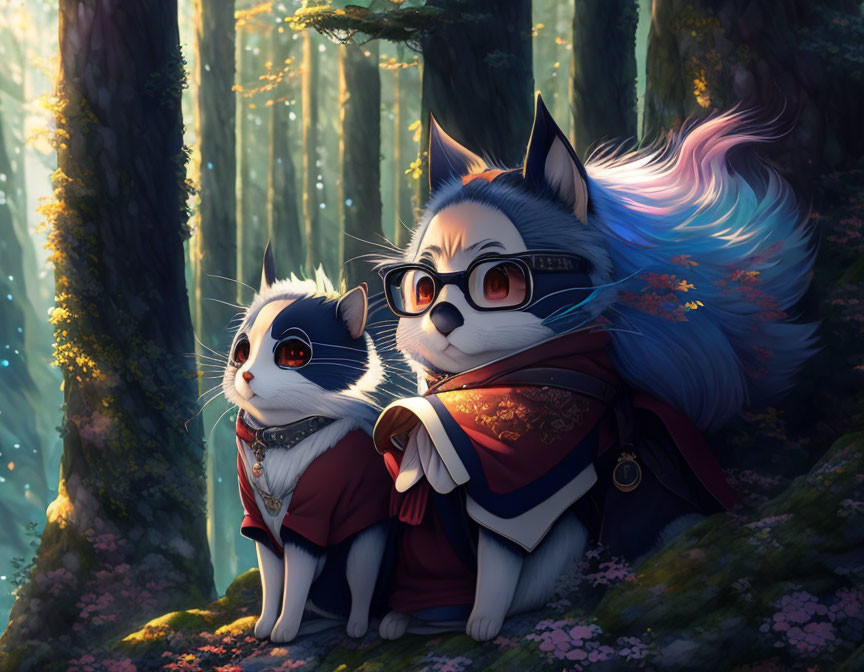 Anthropomorphic Dog and Cat in Fantasy Attire in Sunlit Forest