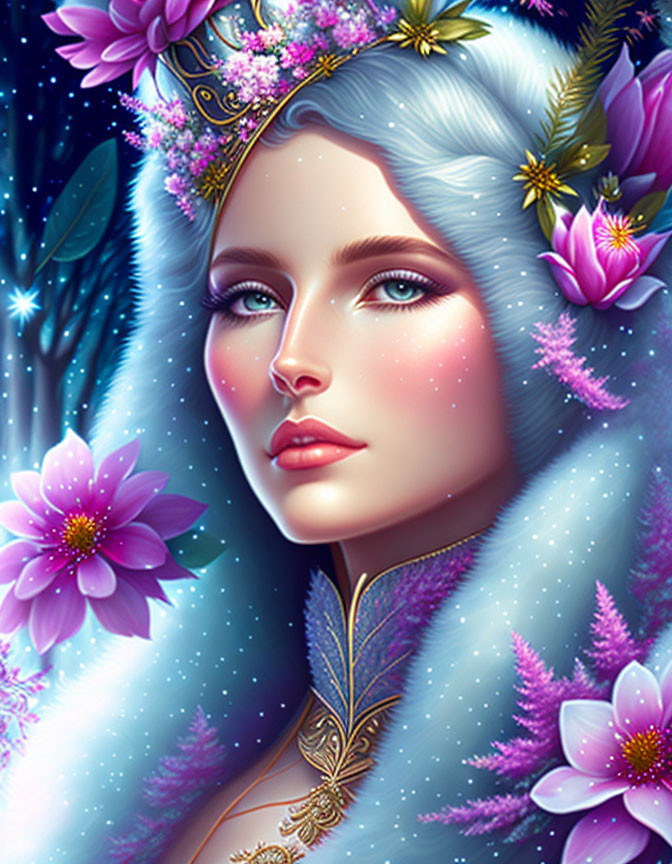 Digital Illustration of Woman with Blue Hair and Floral Crown among Pink Flowers on Deep Blue Background