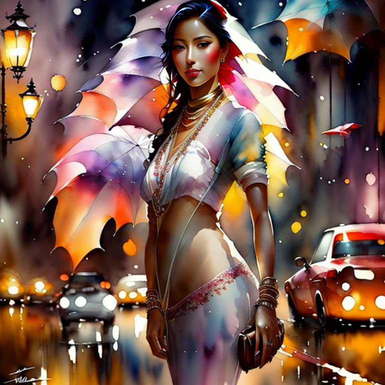 Colorful Umbrella Woman Walking in Rainy Night City Scene