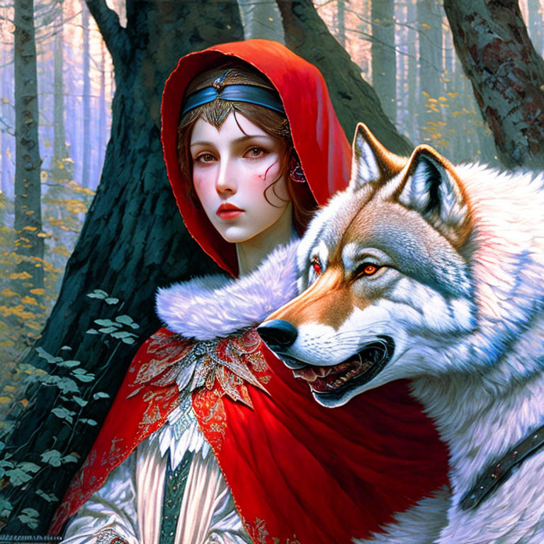 Woman in Red Hooded Cloak Stands with Wolf in Vibrant Fantasy Forest