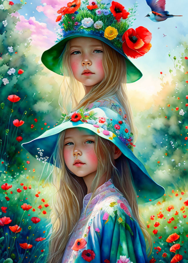 Digital painting featuring two young girls in floral hats amidst vibrant poppy field with butterfly and blurred nature backdrop