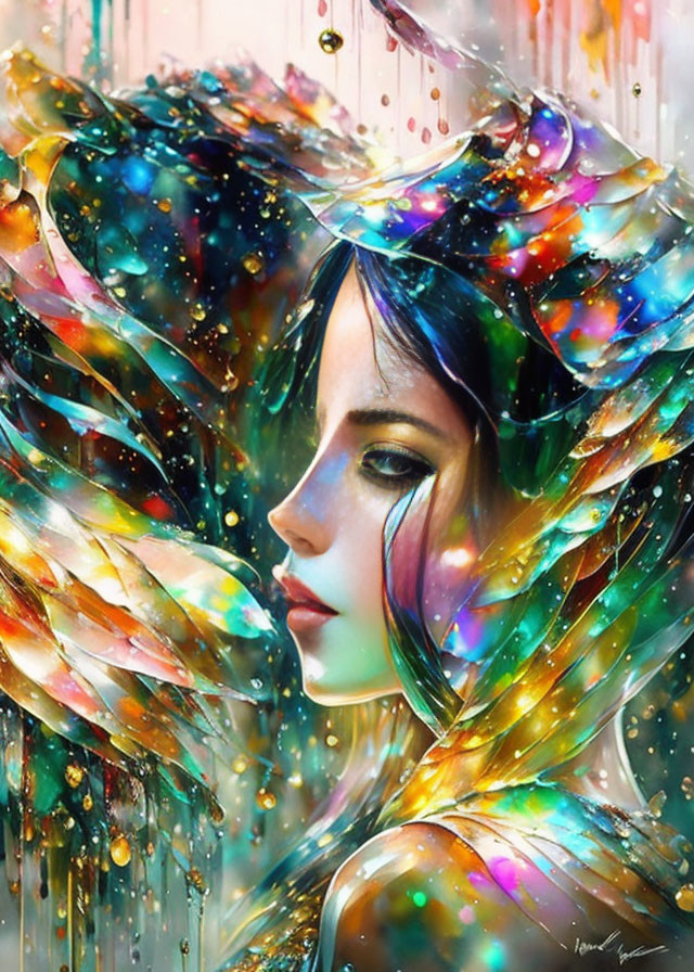 Colorful artwork featuring a woman with iridescent features and swirling paint splashes