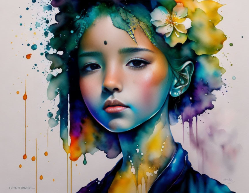 Vibrant watercolor portrait of young woman with floral hair accessory