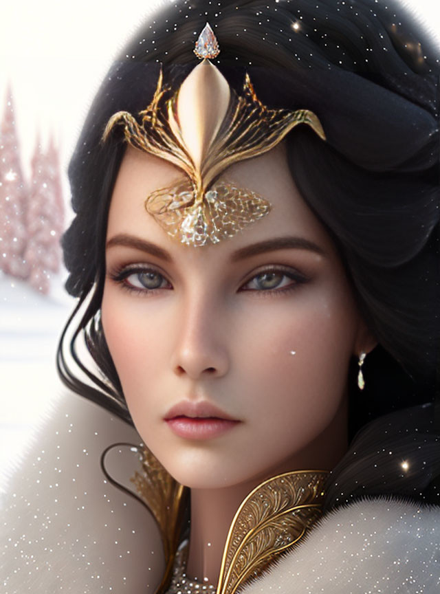 Digital artwork: Woman with dark hair, fair skin, intense blue eyes, wearing gold butterfly headgear