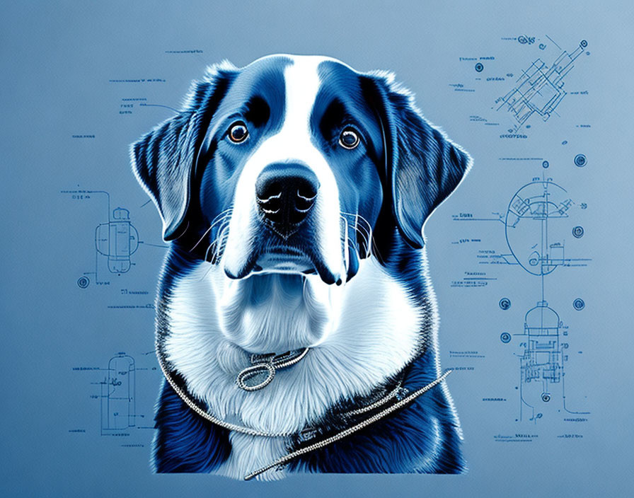 Black and white dog illustration with technical drawings