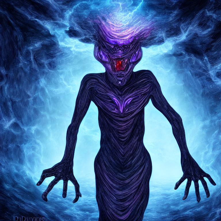 Sinister alien creature with glowing red eyes and purple energy source in cosmic setting