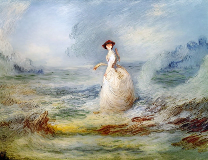 Woman in white dress standing on shore with dramatic skies and wind-blown hair