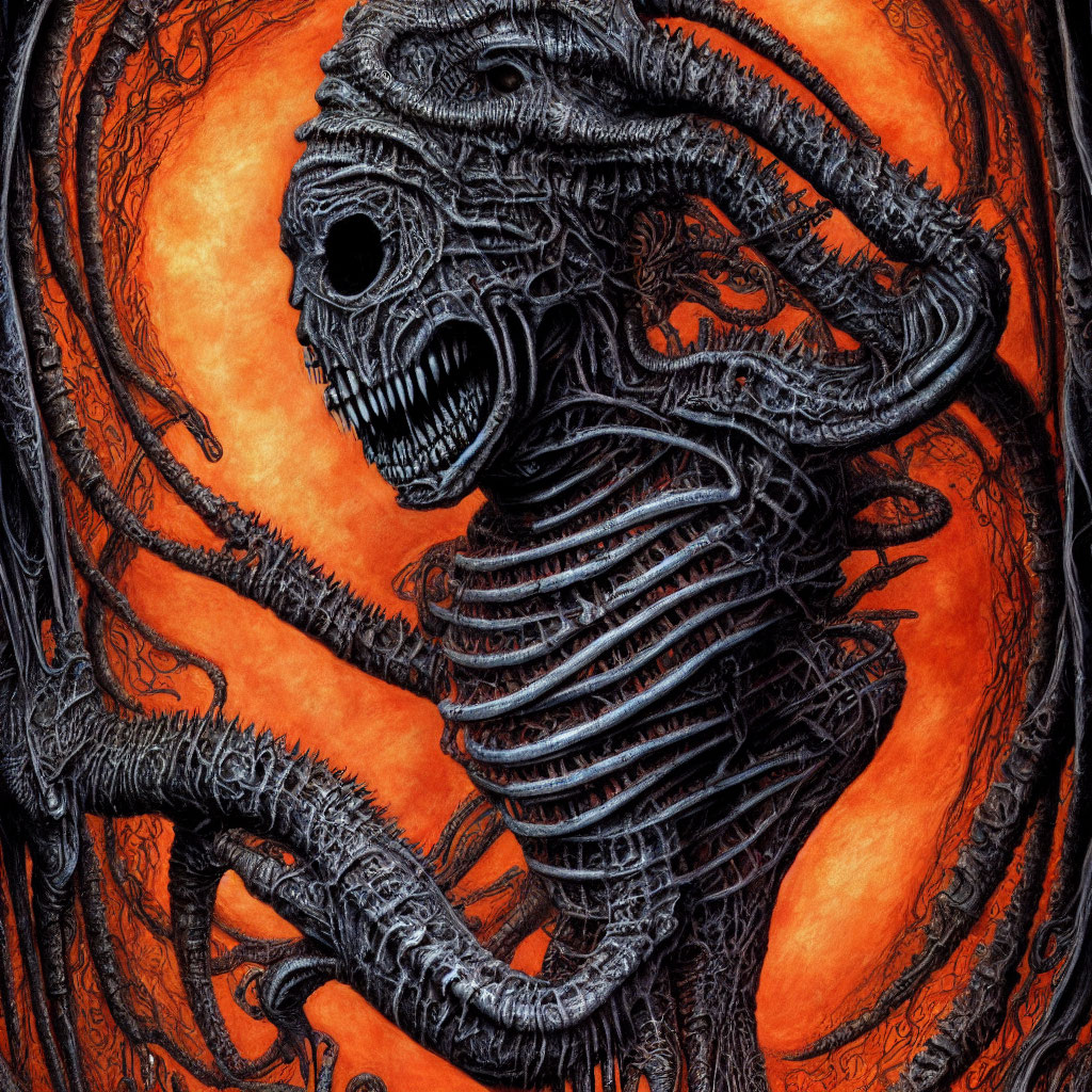 Detailed skeletal alien creature illustration on orange backdrop