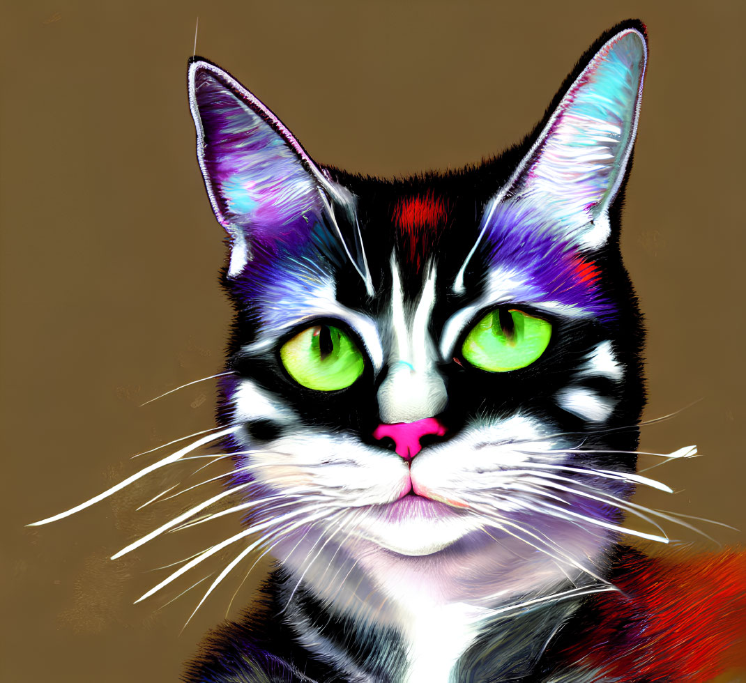 Vibrant multicolored cat with green eyes on tan background