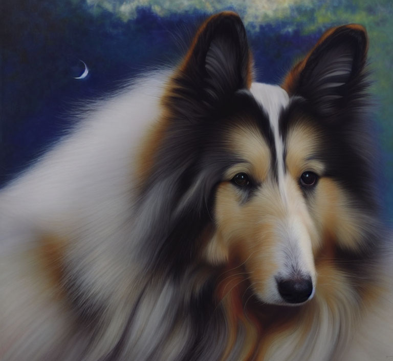 Realistic painting of black and white Shetland Sheepdog under crescent moon