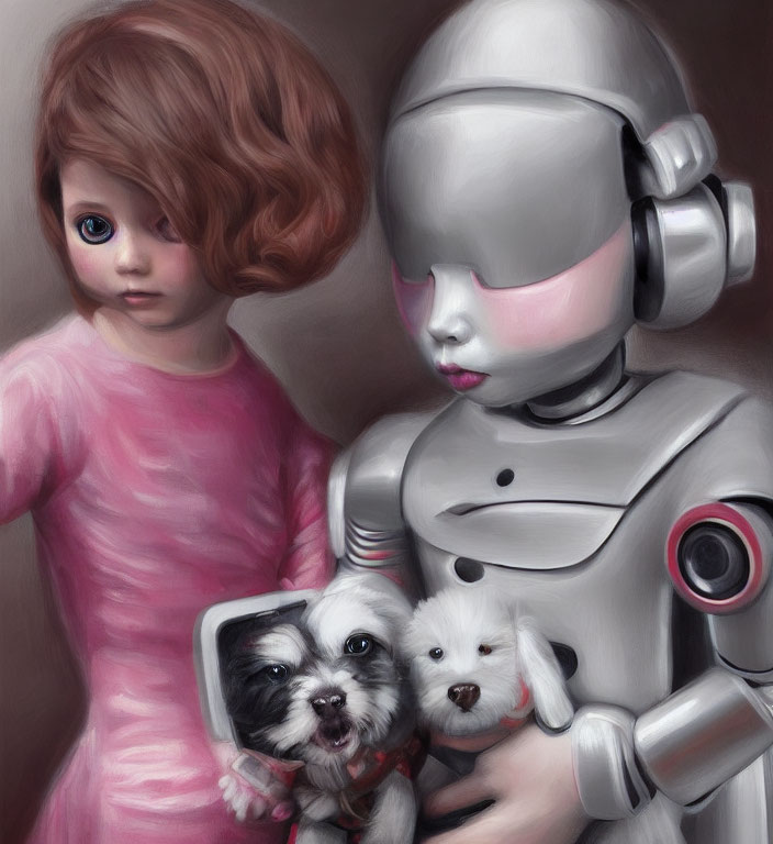 Surreal painting: Little girl, robot, and puppies in pink ambiance