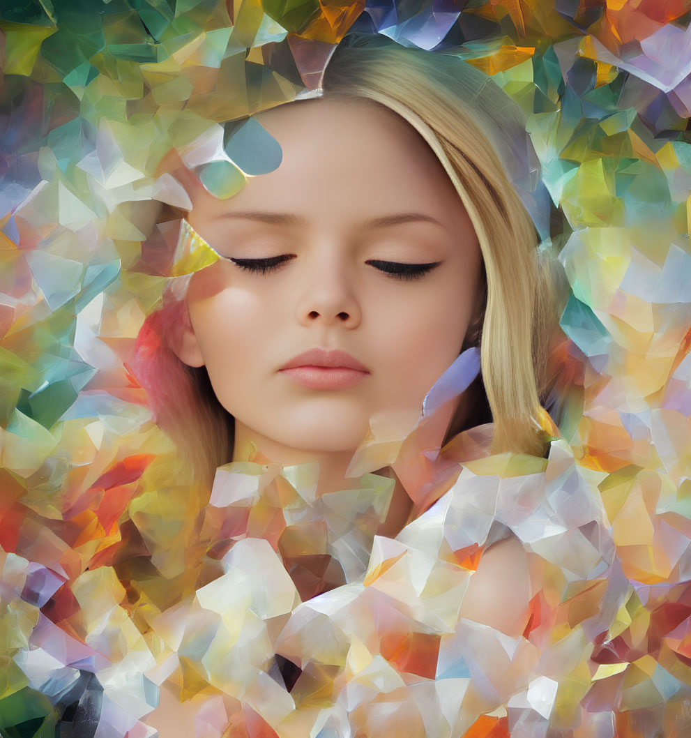 Young woman in serene portrait with closed eyes and colorful crystal-like shapes.