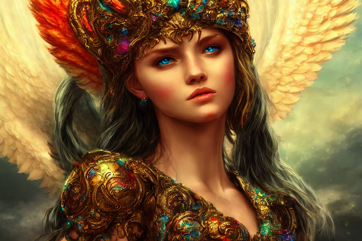 Digital painting of woman in golden armor with blue eyes & wings