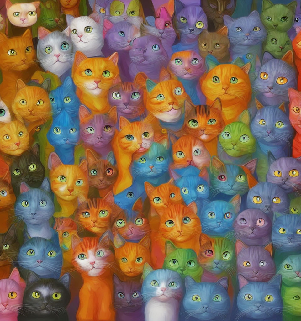 Colorful Stylized Cats Artwork with Human-like Eyes