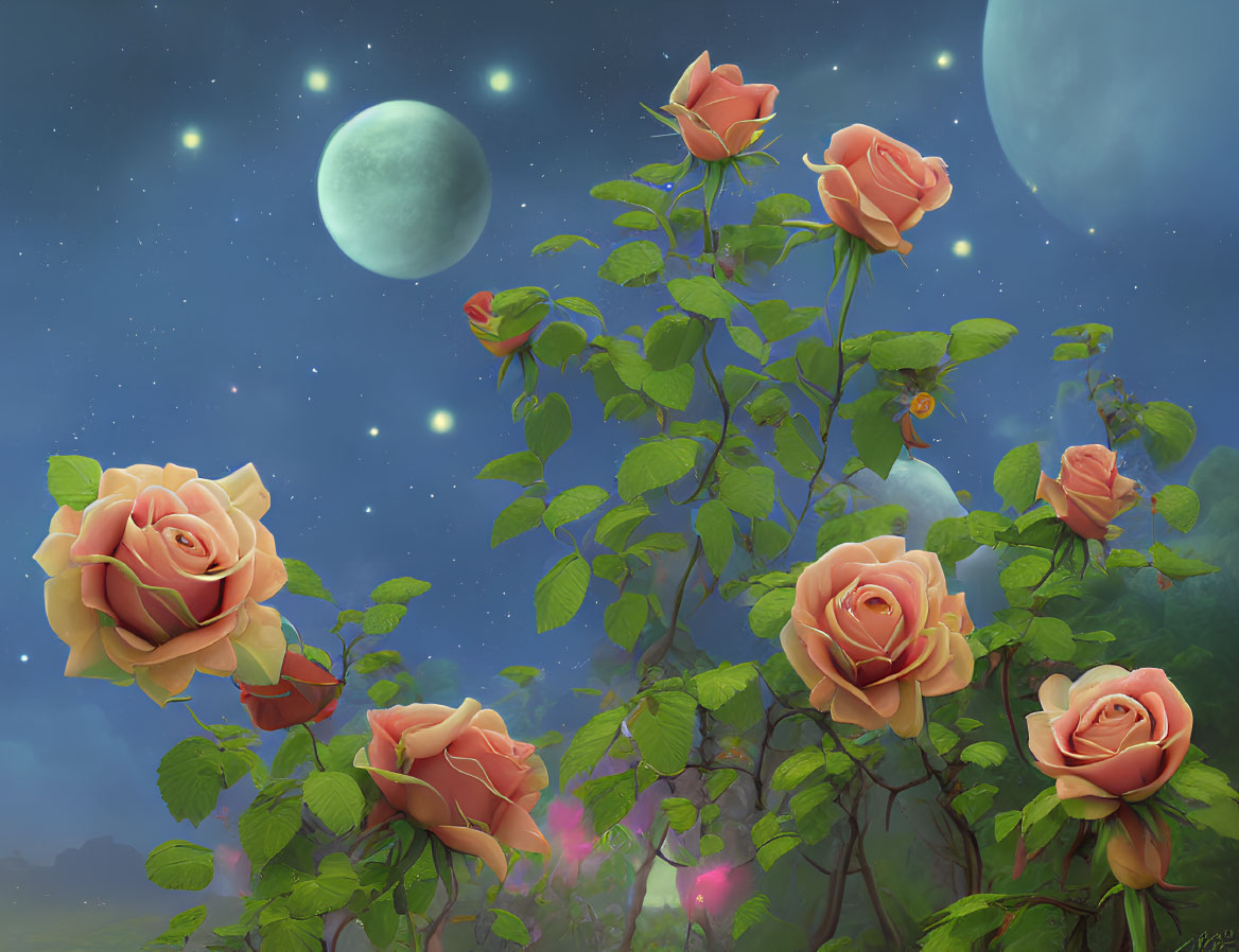 Vibrant roses and moons in fantasy nightscape.