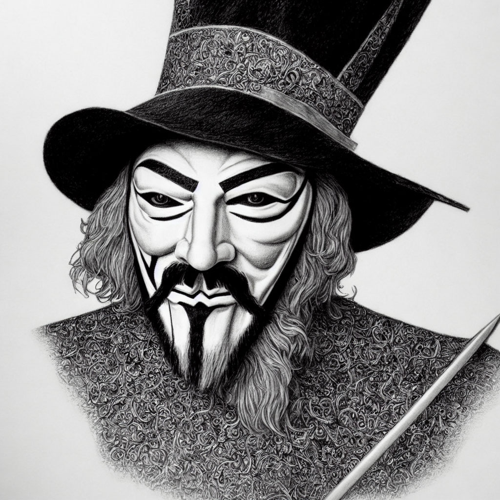 Detailed pencil drawing of person in Guy Fawkes mask, top hat, and sword, with intricate