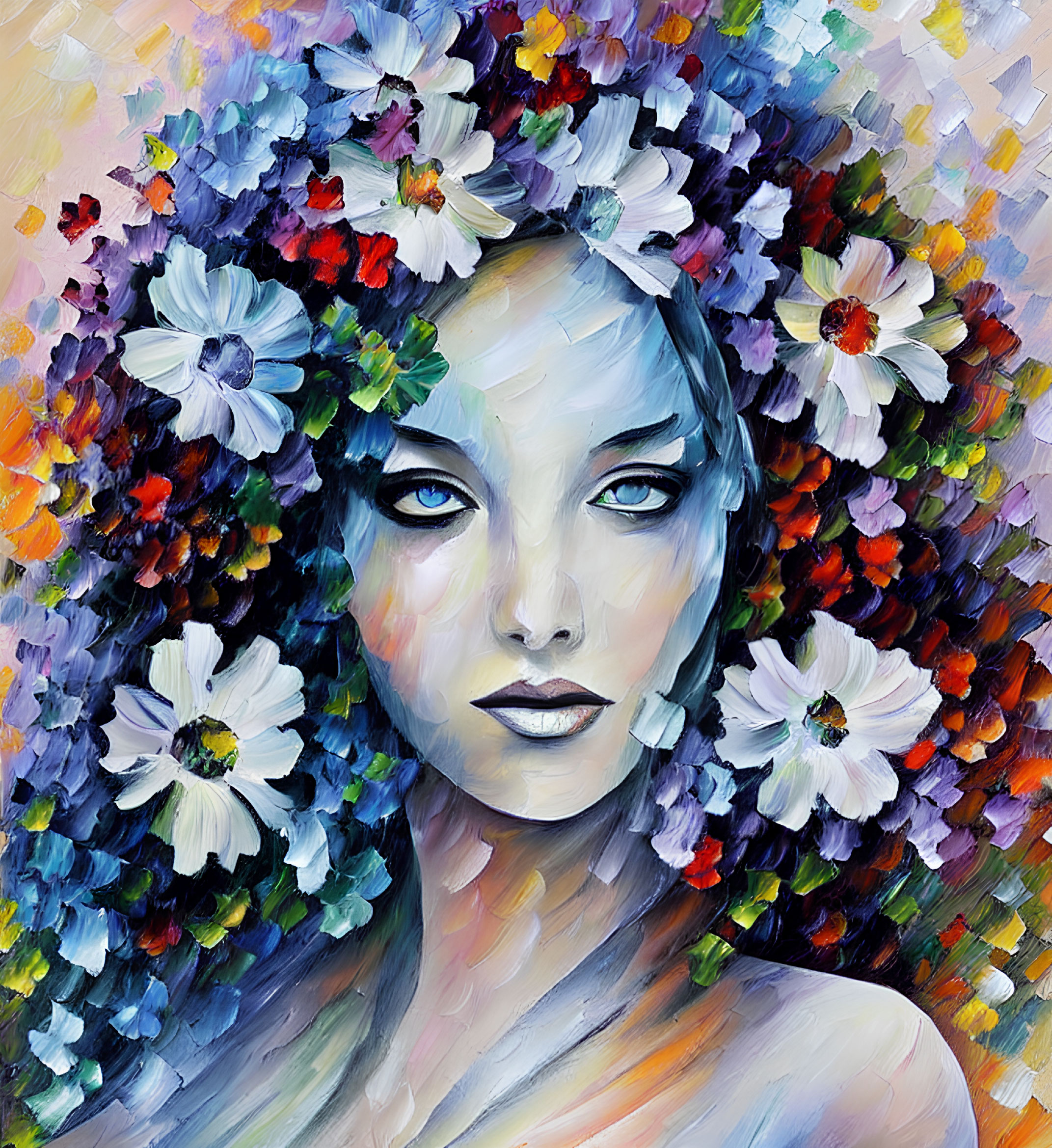 Vibrant painting of a woman with blue eyes and floral crown
