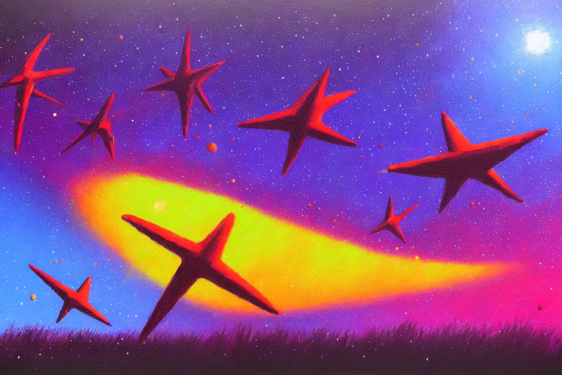 Colorful space-themed artwork with red star shapes, cosmic background, rainbow trail, stars, and grass