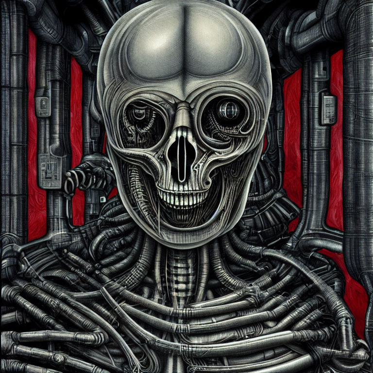 Detailed Drawing of Skeletal Figure with Mechanical Elements