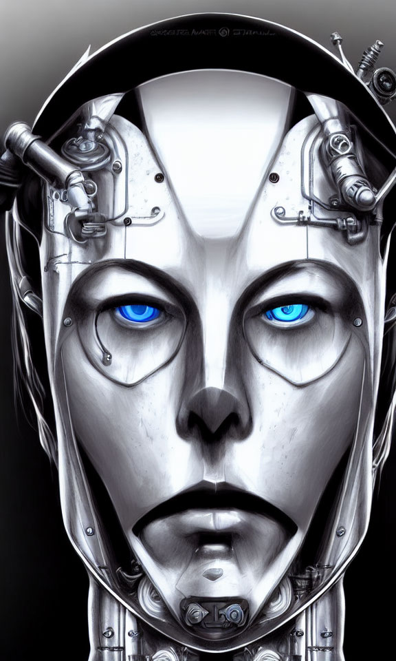 Detailed humanoid robot illustration with exposed mechanical parts and blue eyes